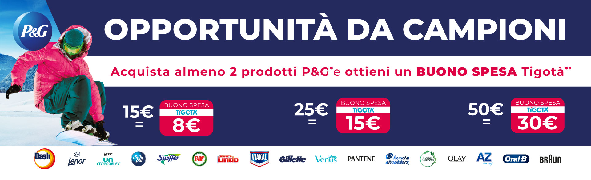 Banner dell'iniziativa Spendi e Riprendi P&G con spiegazione della meccanica