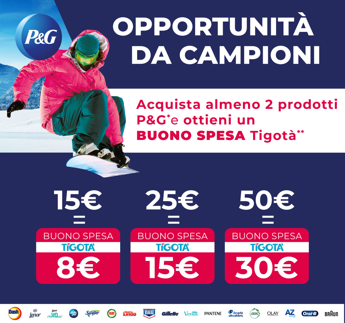 Banner dell'iniziativa Spendi e Riprendi P&G con spiegazione della meccanica