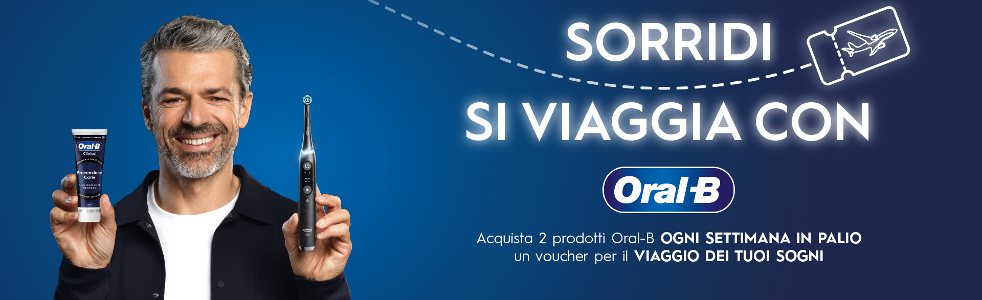 banner con la spiegaizone della meccanica di partecipazioen del concorso/iniziativa Viaggia con il sorriso Oral-B
