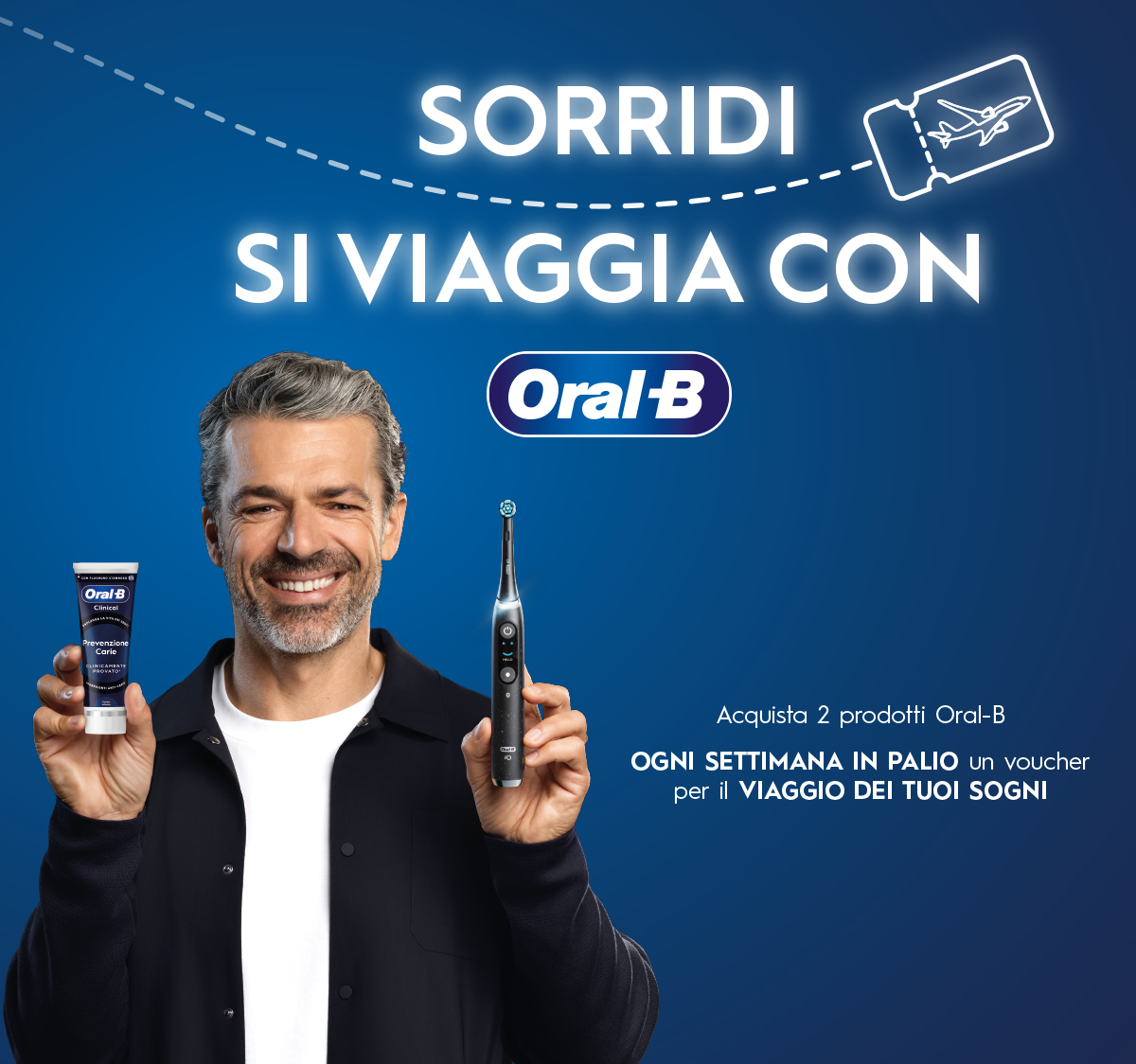 banner con la spiegaizone della meccanica di partecipazioen del concorso/iniziativa Viaggia con il sorriso Oral-B