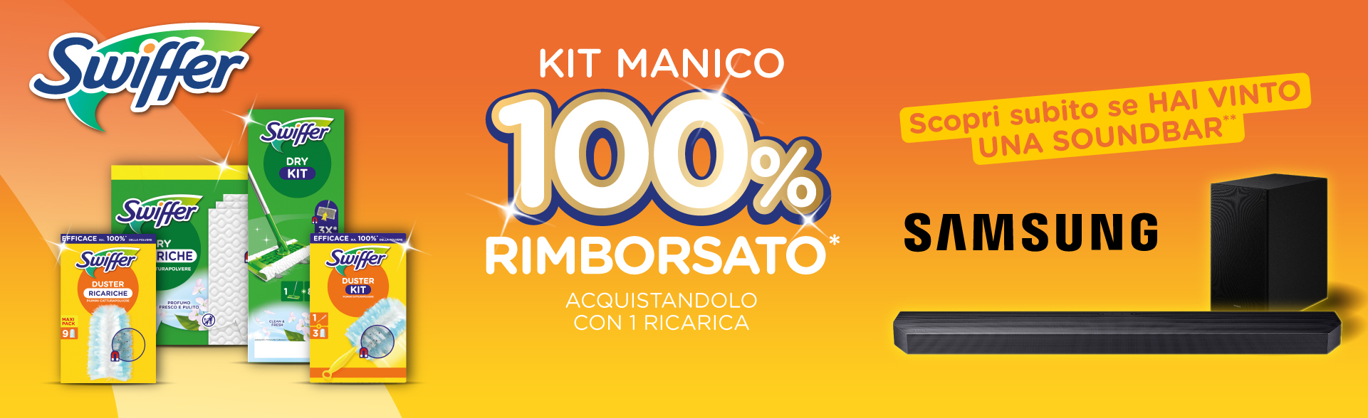 banner con la spiegaizone della meccanica di partecipazione del Cashback e Concorso Swiffer vinci Soudbar – Per Te