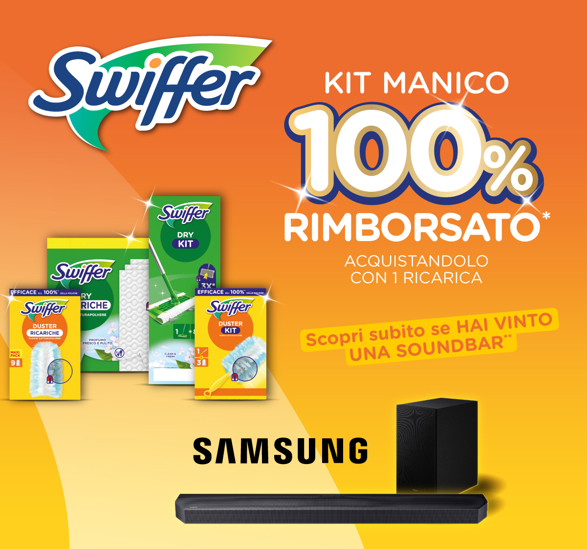 banner con la spiegaizone della meccanica di partecipazione del Cashback e Concorso Swiffer vinci Soudbar – Per Te