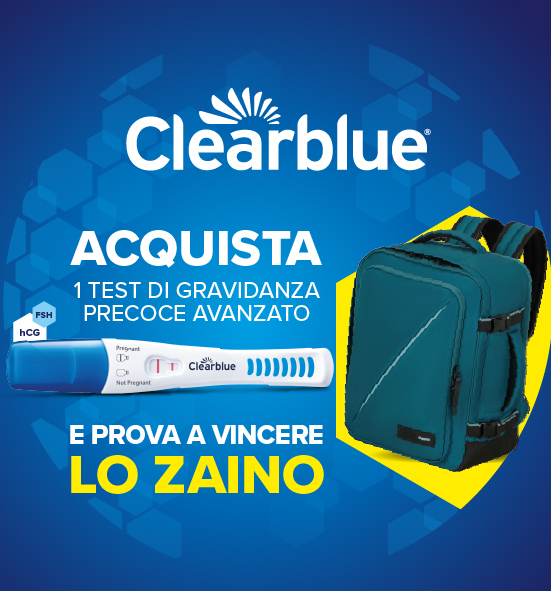 banner con la spiegaizone della meccanica di partecipazione del concorso/iniziativa Clear blue acquisa 1 test di gravidanza precoce avanzato e prova a vincere lo zaino