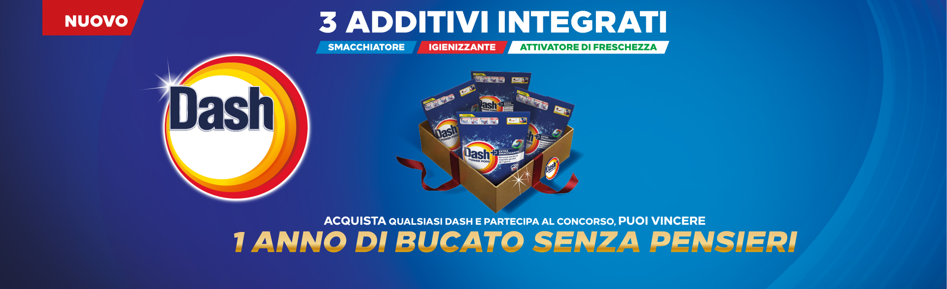Banner con spiegazione della meccanica di partecipazione del concorso Vinci 1 anno di Dash – Per Te