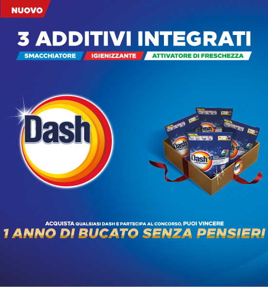 Banner con spiegazione della meccanica di partecipazione del concorso Vinci 1 anno di Dash – Per Te