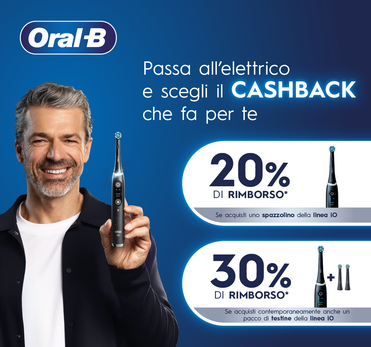 Banner con spiegazione della meccanica del Cashback Oral-B ti rimborsa 20/30% - Per te