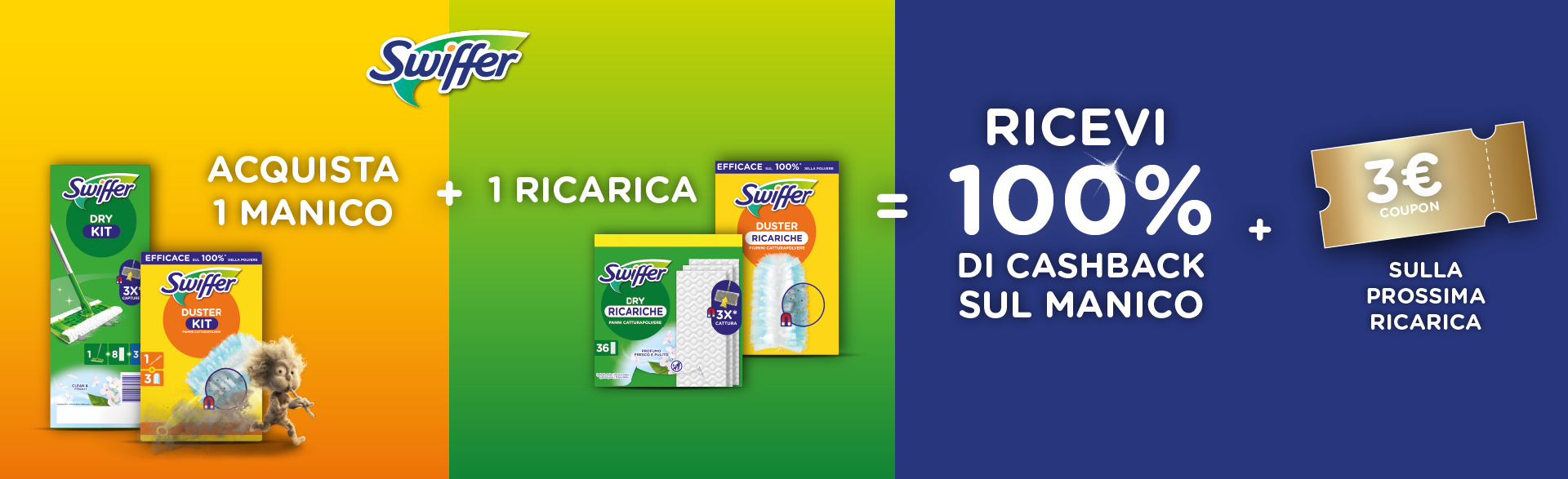 Banner con spiegazione della meccanica del Cashback Swiffer rimborsa starter kit - Per te