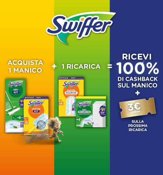 Banner con spiegazione della meccanica del Cashback Swiffer rimborsa starter kit - Per te