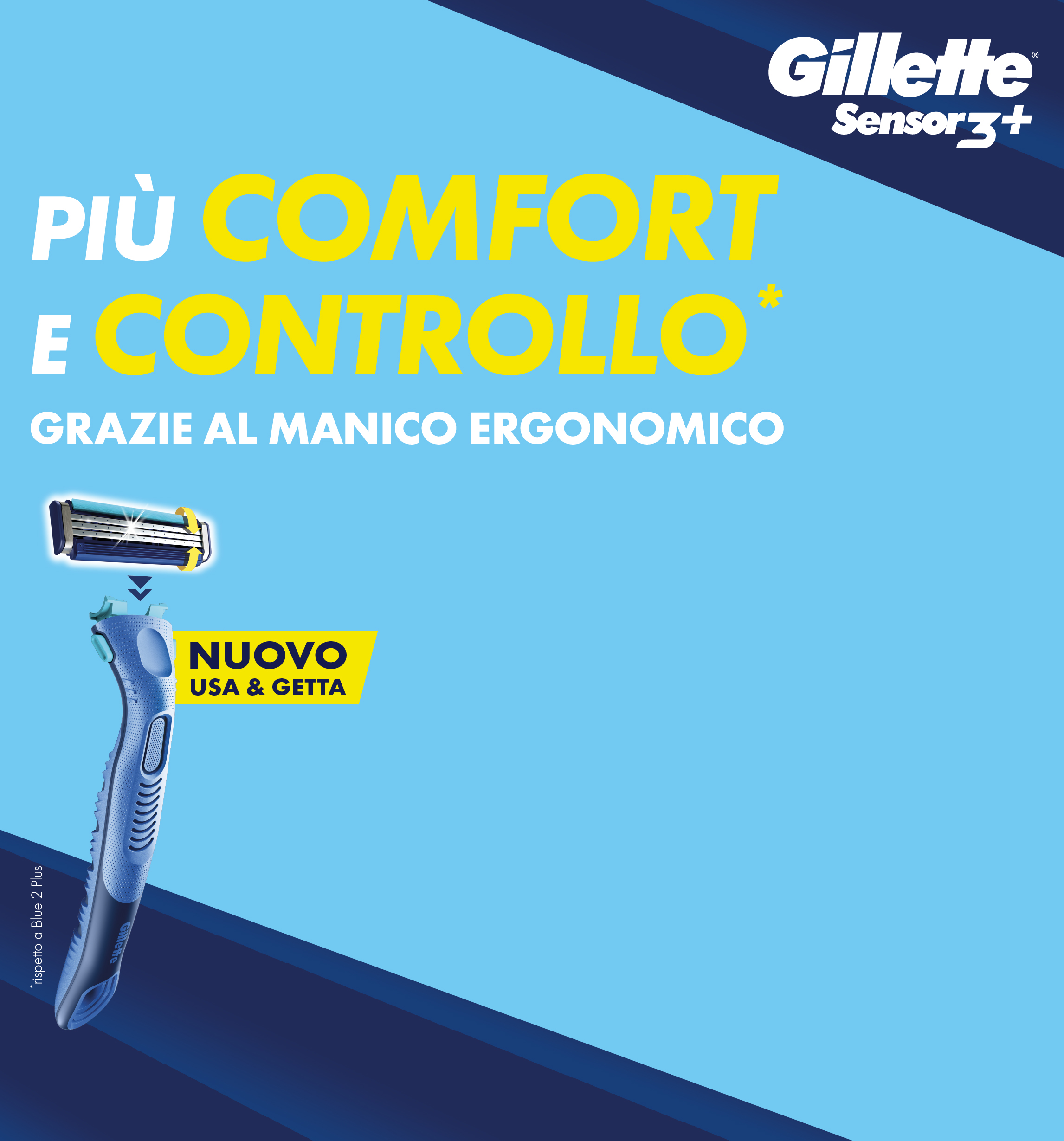Banner con spiegazione della meccanica del Cashback Gilette sensor3+ più cinfirt e contollo* grazie al manico ergonomico, nuovo usa e getta *rispetto a blue 2 plus - Per te