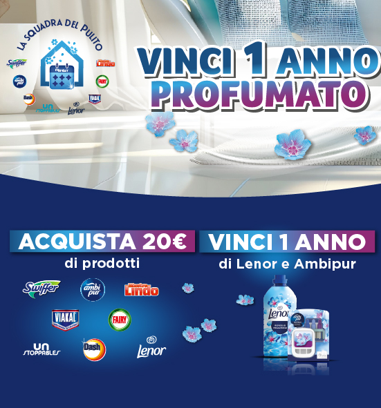 Banner con la spiegazione della meccanica del Concorso Vinci un anno profumato: acquista 20€ di prodotti coinvolti e scopri subito se hai vinto una fornitura annuale di Ambi Pur e Lenor – Per Te