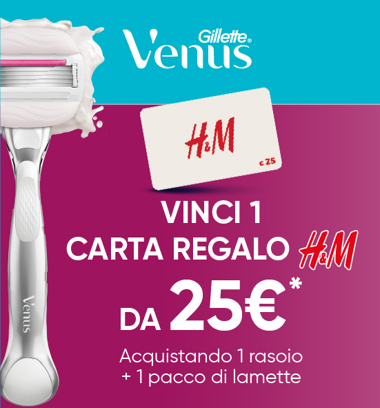 Concorso Gillette Venus liscia sempre: vinci 1 carta regalo H&M da 25€ acquistando 1 rasoio + 1 pacco di lamette Gillette Venus. Nell'immagine un rasoio Gillette Venus e una carta regalo H&M.