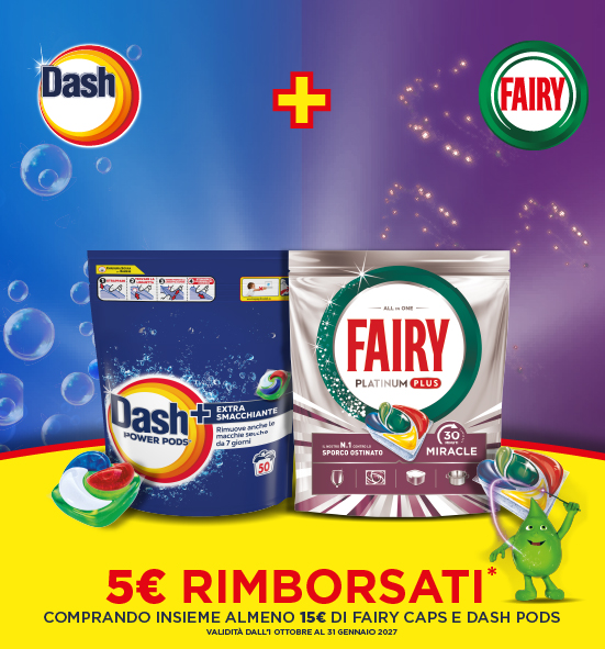 Banner con spiegazione della meccanica del Cashback Fairy Dash Caps&Pods - Per te